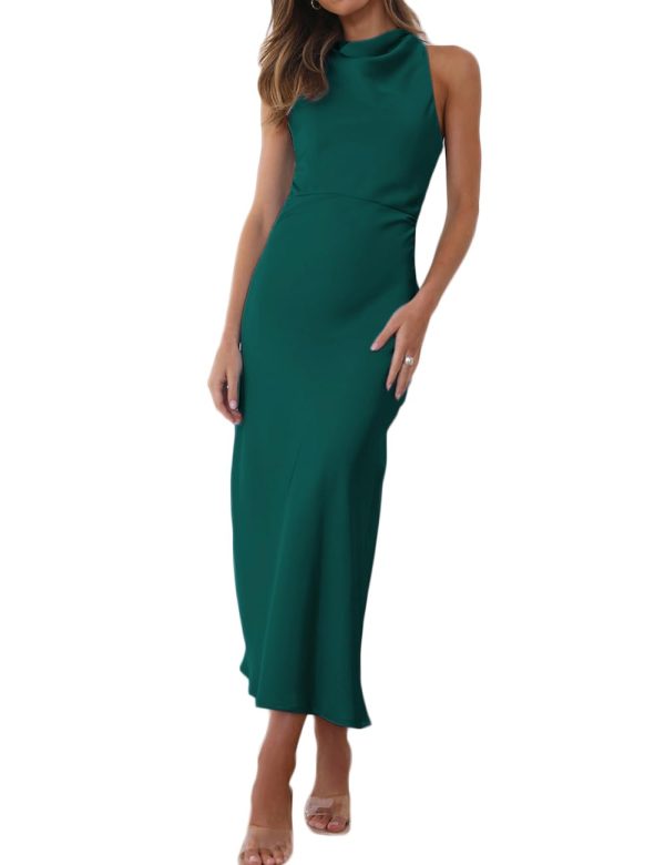 Satin High Neck Backless Sleeveless Midi Dresses for Women Elegant Mock Neck High Waist Cross Back Cocktail Dress