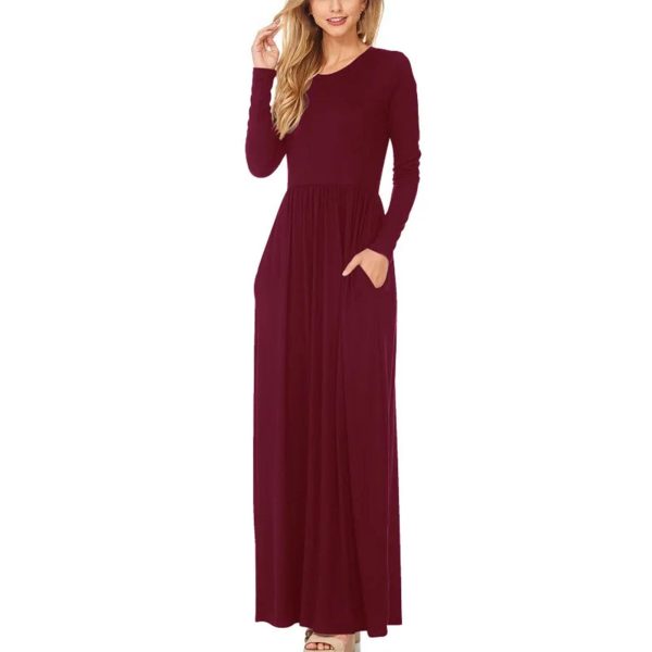 Women's Maxi Dress Spring Casual Solid Adies Long Sleeve Pocket Floor Length Dress Fashion O Neck Female Long Skirts