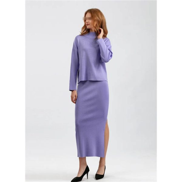Elegant Knitted Turtleneck Sweater + Two Piece Skirt Set Womens Casual Loose Warm Tracksuits Solid Color Suits