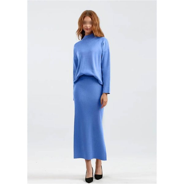Elegant Knitted Turtleneck Sweater + Two Piece Skirt Set Womens Casual Loose Warm Tracksuits Solid Color Suits