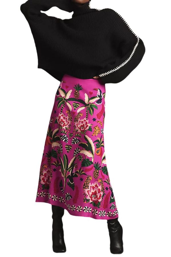 Womens Skirt Midi Skirt Tropical Plant Print Pink Zipper A-Line Long Skirts Spring Summer Skirt Floral
