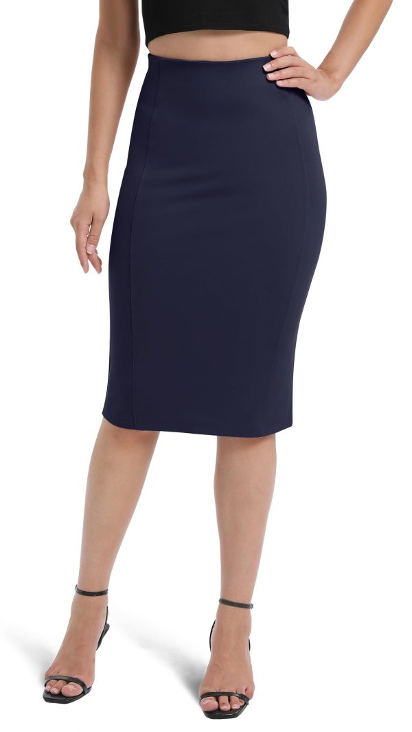 Women's High Waist Stretch Pencil Skirt Knee Length Bodycon with Back Slit for Business Casual