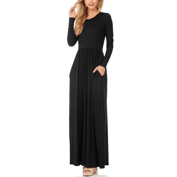 Women's Maxi Dress Spring Casual Solid Adies Long Sleeve Pocket Floor Length Dress Fashion O Neck Female Long Skirts