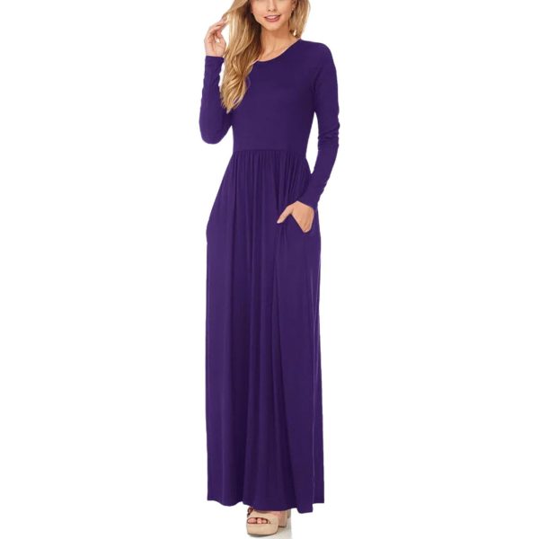 Women's Maxi Dress Spring Casual Solid Adies Long Sleeve Pocket Floor Length Dress Fashion O Neck Female Long Skirts