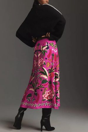 Womens Skirt Midi Skirt Tropical Plant Print Pink Zipper A-Line Long Skirts Spring Summer Skirt Floral