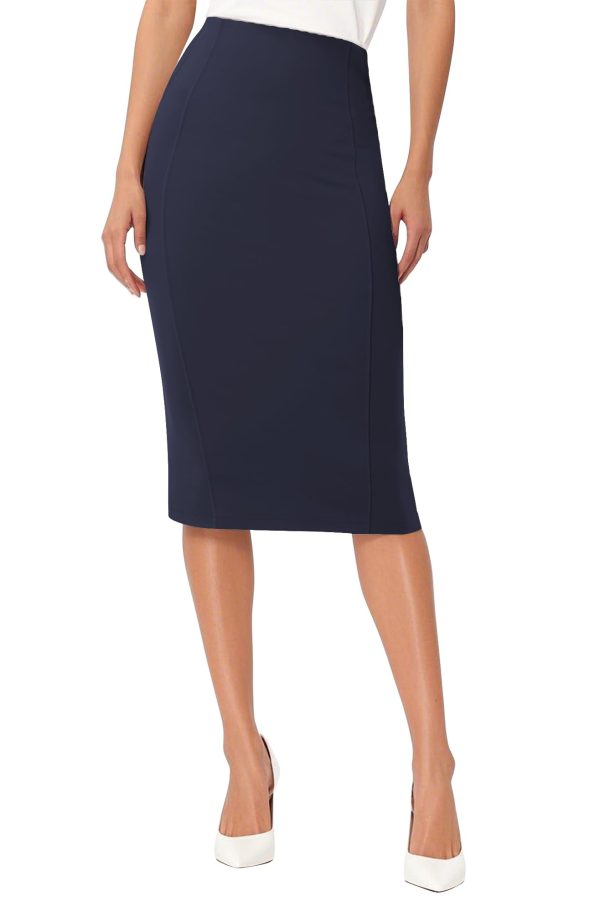 Women's High Waist Stretch Pencil Skirt Knee Length Bodycon with Back Slit for Business Casual