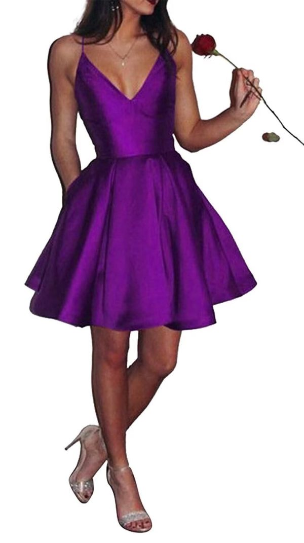 Short A-line V-Neck Spaghetti Straps Satin Homecoming Dress with Pockets