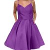 Women's Satin Suspender Skirt V-Neck Homecoming Dresses A-line Pocket Party Dress Purple