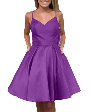 Women's Satin Suspender Skirt V-Neck Homecoming Dresses A-line Pocket Party Dress Purple