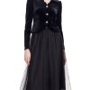 Women's 2 Piece Outfits Black Velvet V Neck Wave-Cut Top and Black Tulle Midi Skirt Sets