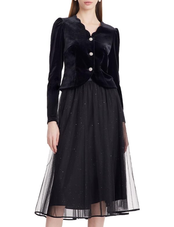 Women's 2 Piece Outfits Black Velvet V Neck Wave-Cut Top and Black Tulle Midi Skirt Sets