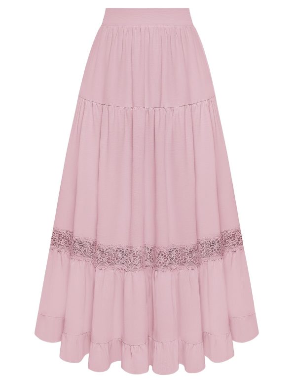 Women's Midi Skirt Boho Flowy Spring Summer Elastic Waist Aline Ruffle Lace Tiered Skirt with Pockets 2025