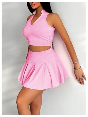 Women's Summer 2 Piece Outfits Half Zip Crop Tank Tops and Mini Pleated Skirt Set