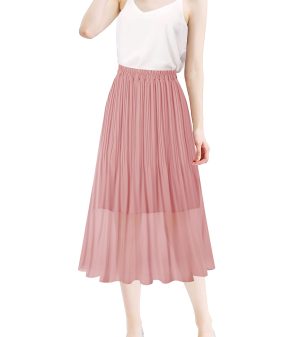 Women's Pleated Skirt Chiffon Elastic Waist A-Line Midi Length Skirt