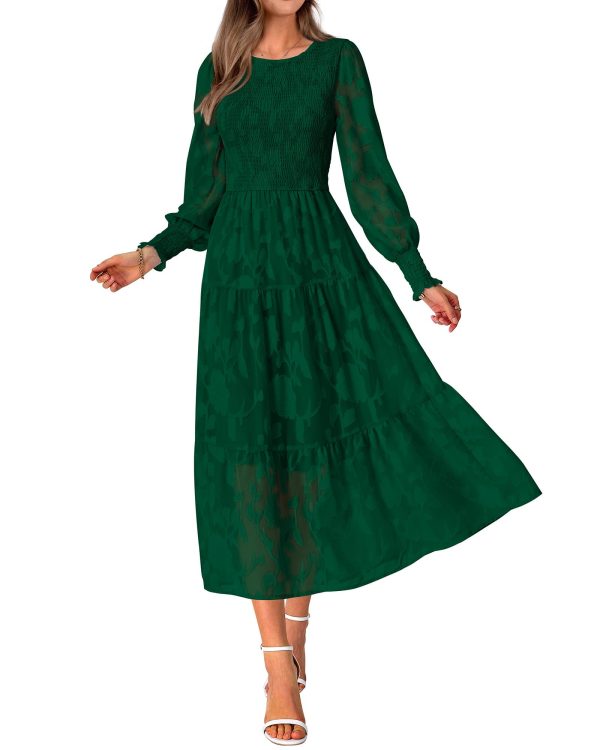 Casual Women's 2025 Spring Dresses Elegant Wedding Guest Dress Long Sleeve Floral Midi Dress Flowy Bohemian Long Dress