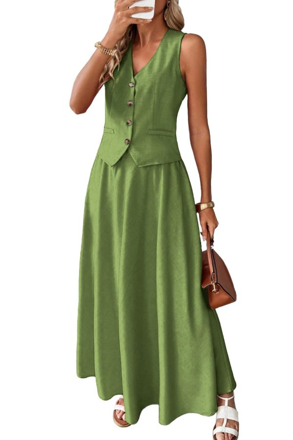 2 Piece Linen Sets for Women Summer Outfit,V-Neck Vest Top & Flowy Maxi Skirt