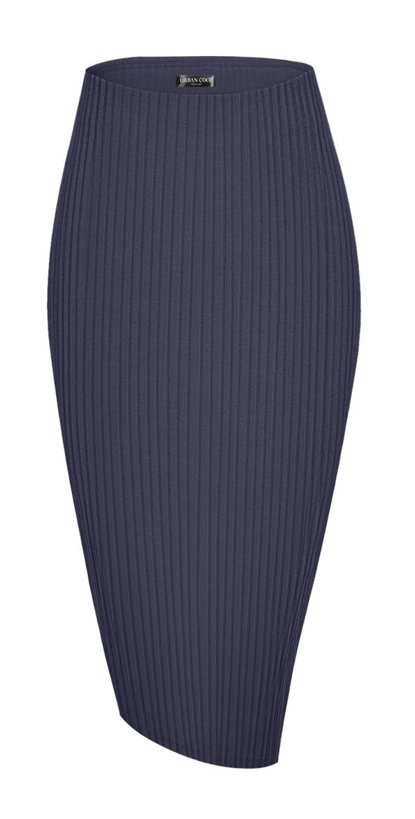 Women's High Waist Stretch Ribbed Knit Pencil Skirt Midi Length with Side Slit Office Work Bodycon Style