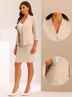 2 Piece Suit Skirt Set for Women's Notched Collar Casual Business Skirt Suit Set and Blazer Pencil Skirts