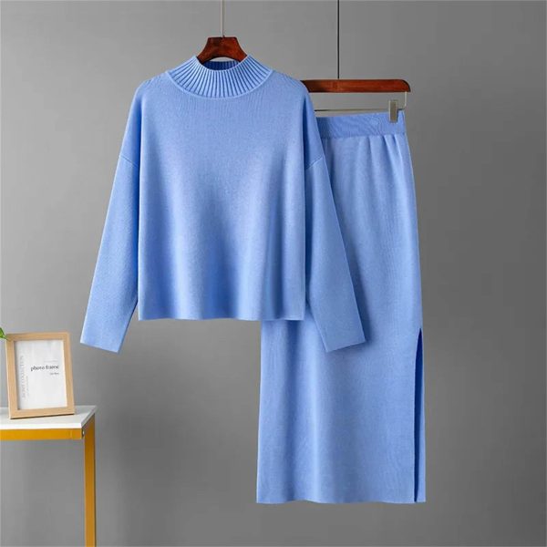 Elegant Knitted Turtleneck Sweater + Two Piece Skirt Set Womens Casual Loose Warm Tracksuits Solid Color Suits