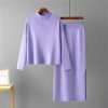 Elegant Knitted Turtleneck Sweater + Two Piece Skirt Set Womens Casual Loose Warm Tracksuits Solid Color Suits