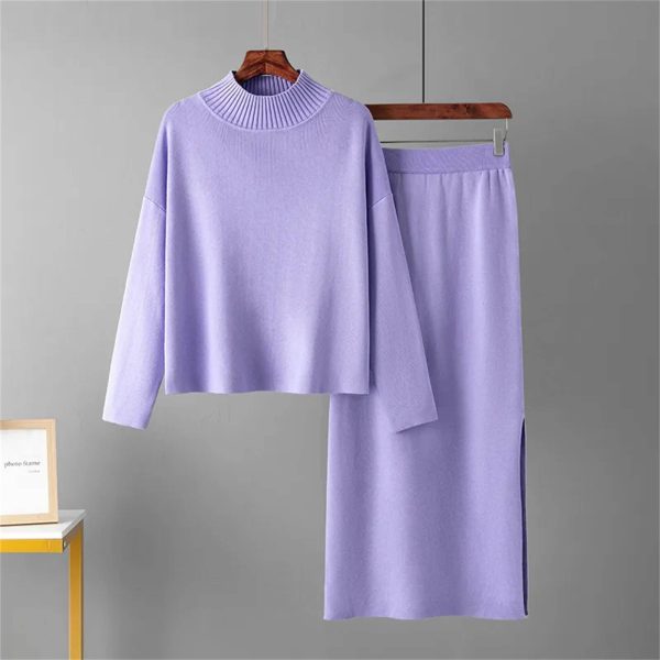 Elegant Knitted Turtleneck Sweater + Two Piece Skirt Set Womens Casual Loose Warm Tracksuits Solid Color Suits