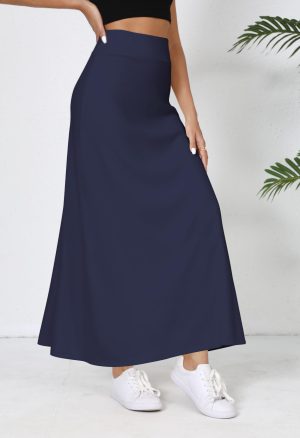 Elastic Waist A-Line Long Maxi Skirt Below Knee for Women Spring Summer