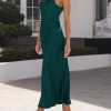 Satin High Neck Backless Sleeveless Midi Dresses for Women Elegant Mock Neck High Waist Cross Back Cocktail Dress