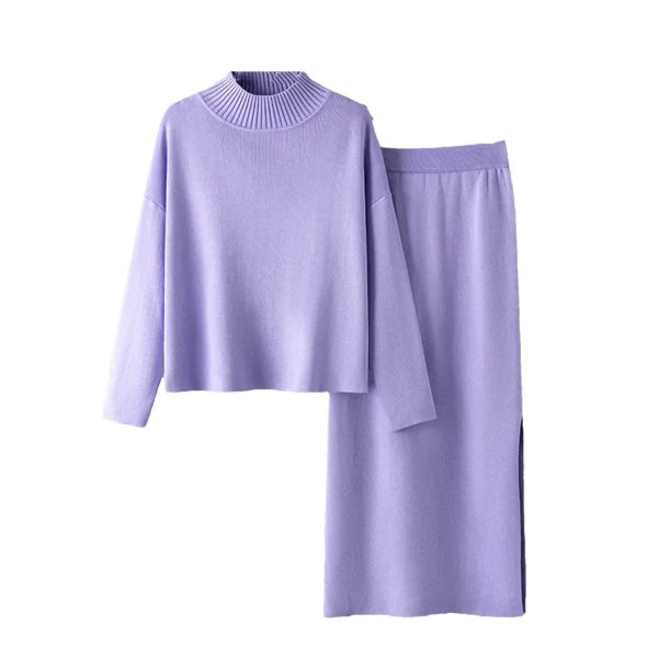 Elegant Knitted Turtleneck Sweater + Two Piece Skirt Set Womens Casual Loose Warm Tracksuits Solid Color Suits