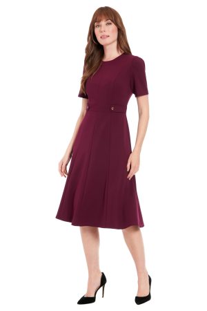 Women's Short Sleeve Crepe Fit and Flare Midi with Waist Button Detail