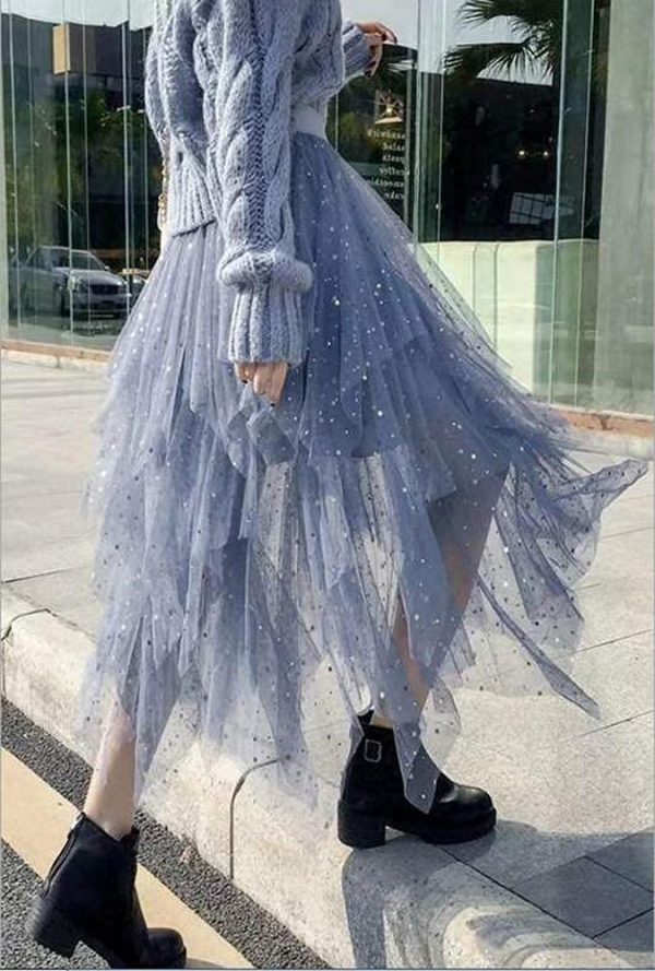 Women's Tulle Skirt Formal High Low Asymmetrical Midi Length Elastic Waist Tutu Layered Puffy Fairy Skirts