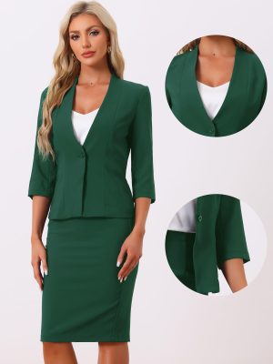 Business Skirt Suit Set for Women's 2 Piece Office Work Outfit Collarless Blazer Pencil Skirt