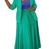 Women 2 Piece Plus Size Business Skirt Suit Sets Long Sleeve Open Front Blazer and High Waist Pleated Maxi Skirt