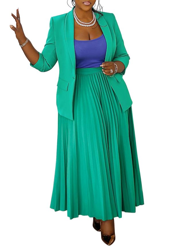 Women 2 Piece Plus Size Business Skirt Suit Sets Long Sleeve Open Front Blazer and High Waist Pleated Maxi Skirt