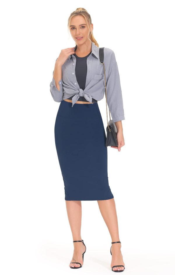 Women's High Waist Tummy Control Pencil Skirts Stretchy Bodycon Midi Skirt Below Knee with Back Slit