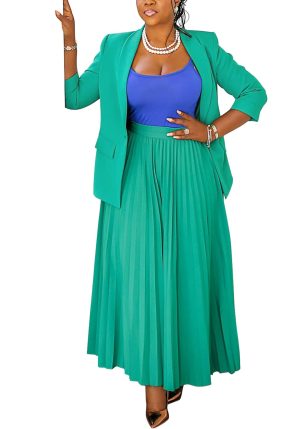 Women 2 Piece Plus Size Business Skirt Suit Sets Long Sleeve Open Front Blazer and High Waist Pleated Maxi Skirt
