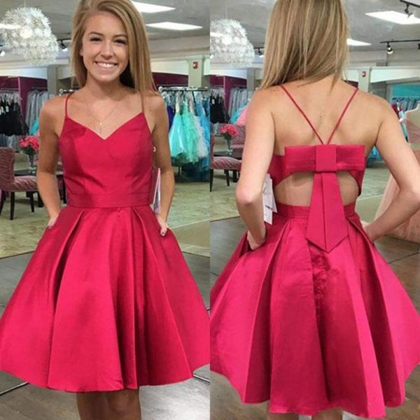 Women's Satin Suspender Skirt V-Neck Homecoming Dresses A-line Pocket Party Dress Purple