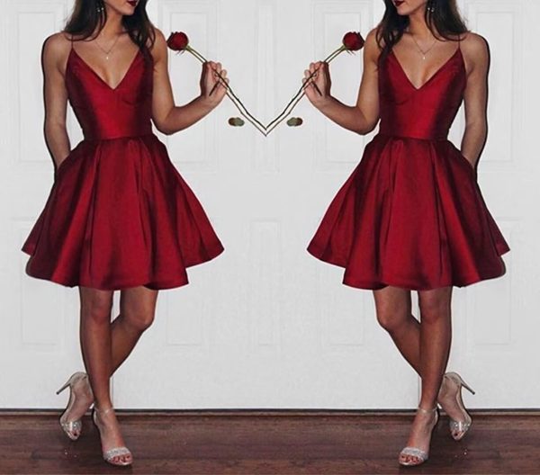 Short A-line V-Neck Spaghetti Straps Satin Homecoming Dress with Pockets