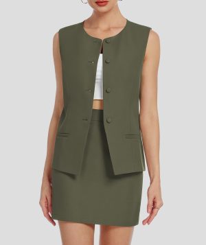 Womens Two Piece Blazer Outfits Skirt Set Button Down Vest Short Skort Crew Neck Summer Business Casual Suit