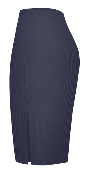 Women's High Waist Stretch Ribbed Knit Pencil Skirt Midi Length with Side Slit Office Work Bodycon Style