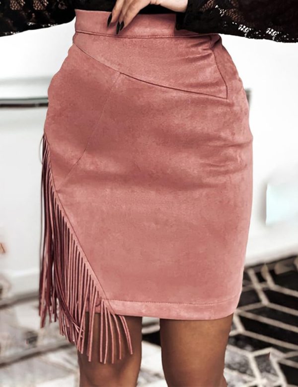 Fringe Suede Skirt for Women High Waisted Tassel Short Mini Skirt