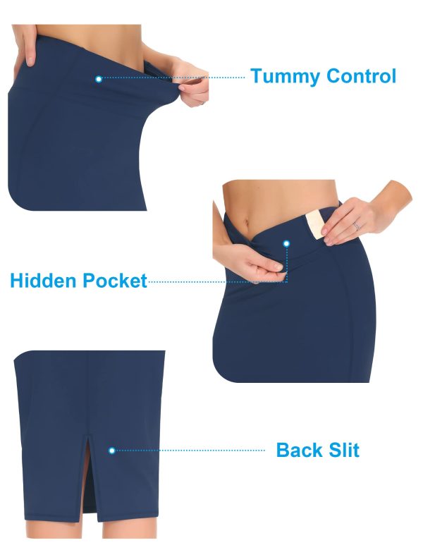 Women's High Waist Tummy Control Pencil Skirts Stretchy Bodycon Midi Skirt Below Knee with Back Slit