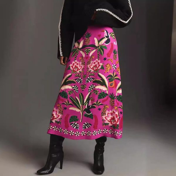 Womens Skirt Midi Skirt Tropical Plant Print Pink Zipper A-Line Long Skirts Spring Summer Skirt Floral