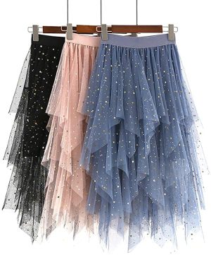 Women's Tulle Skirt Formal High Low Asymmetrical Midi Length Elastic Waist Tutu Layered Puffy Fairy Skirts