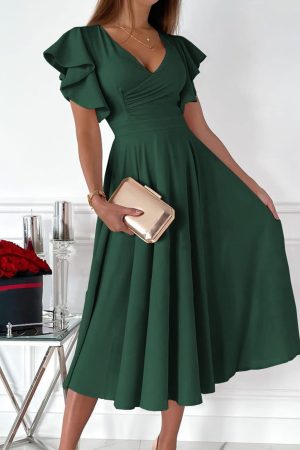 Summer Midi Dress 2025 Spring Ruffle Sleeve V Neck Cocktail Wedding Guest A Line Fit and Flared Dresses