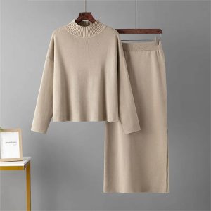 Elegant Knitted Turtleneck Sweater + Two Piece Skirt Set Womens Casual Loose Warm Tracksuits Solid Color Suits
