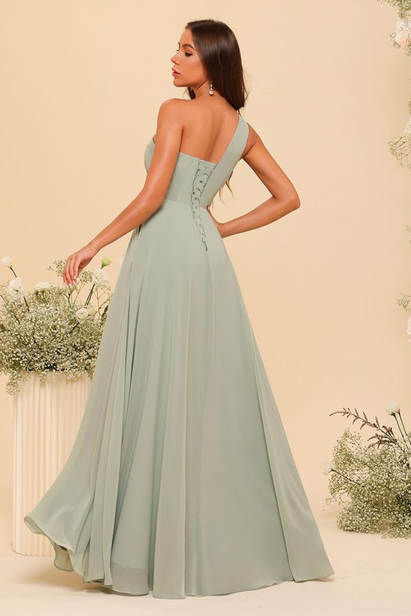 Chiffon One Shoulder Bridesmaid Dresses with Slit A-Line Long Formal Party Dress with Pockets RO022