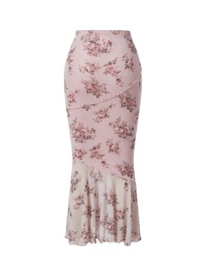 Women's Floral Mesh Ruffle Hem Maxi Skirt High Waisted Fishtail Long Skirts