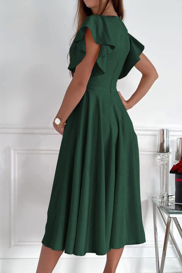 Summer Midi Dress 2025 Spring Ruffle Sleeve V Neck Cocktail Wedding Guest A Line Fit and Flared Dresses