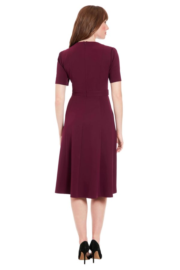 Women's Short Sleeve Crepe Fit and Flare Midi with Waist Button Detail