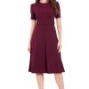 Women's Short Sleeve Crepe Fit and Flare Midi with Waist Button Detail